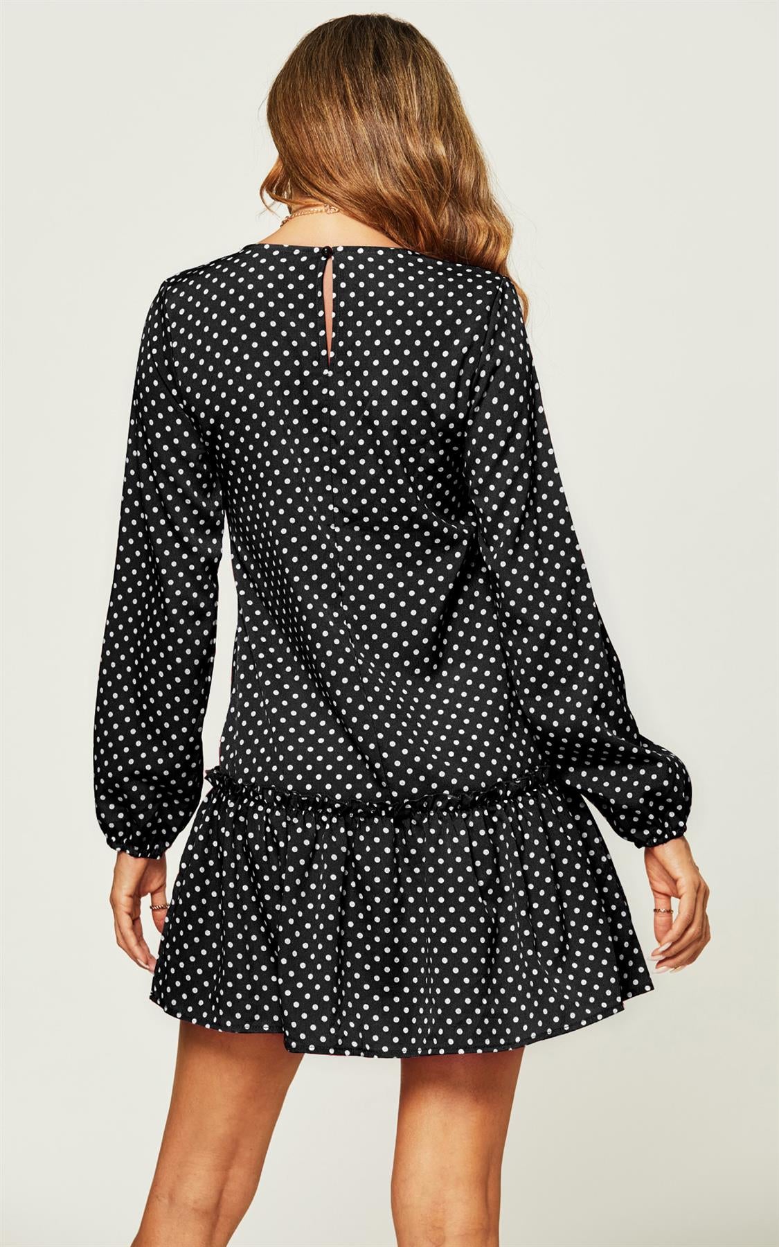 Hem Frill Detail Smock Dress In Black Polka Dot