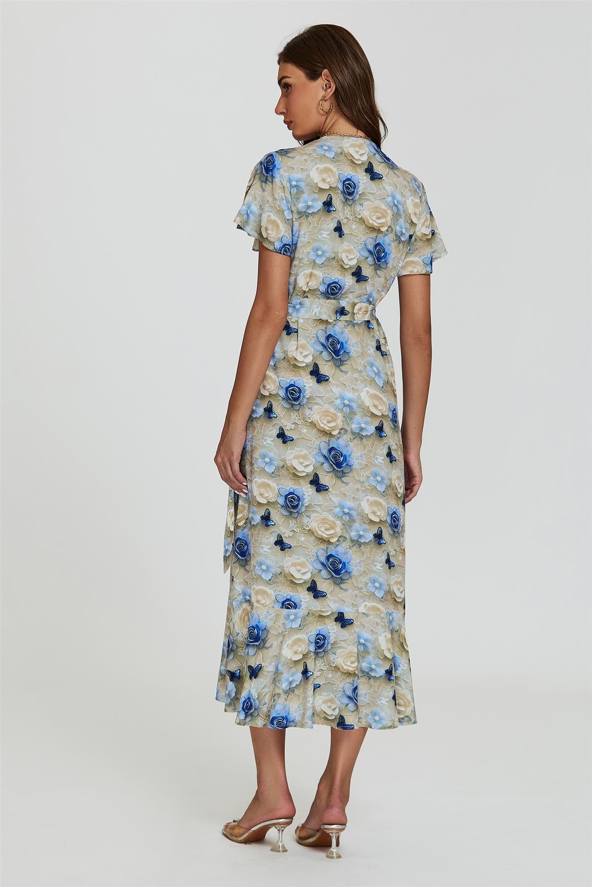 Floral Print Wrap Hem Midi Dress In Beige