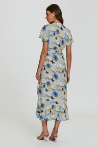 Floral Print Wrap Hem Midi Dress In Beige