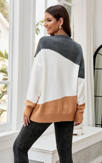 Grey & Camel Block Colour Jumper Top In Beige