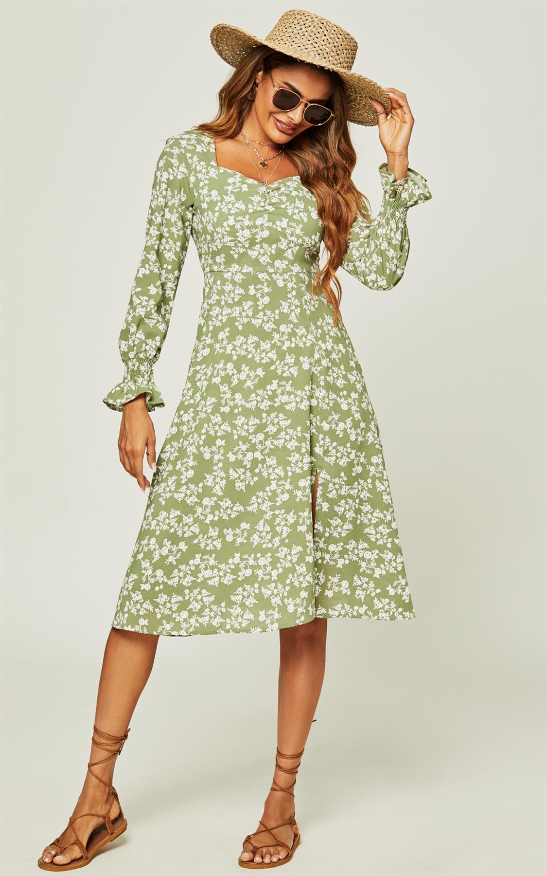 Long Sleeve Slip Leg Midi Dress In Green Flora Print