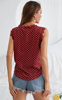Wine Red White Dot Button Down Lace Trim V Neck Sleeveless Blouse