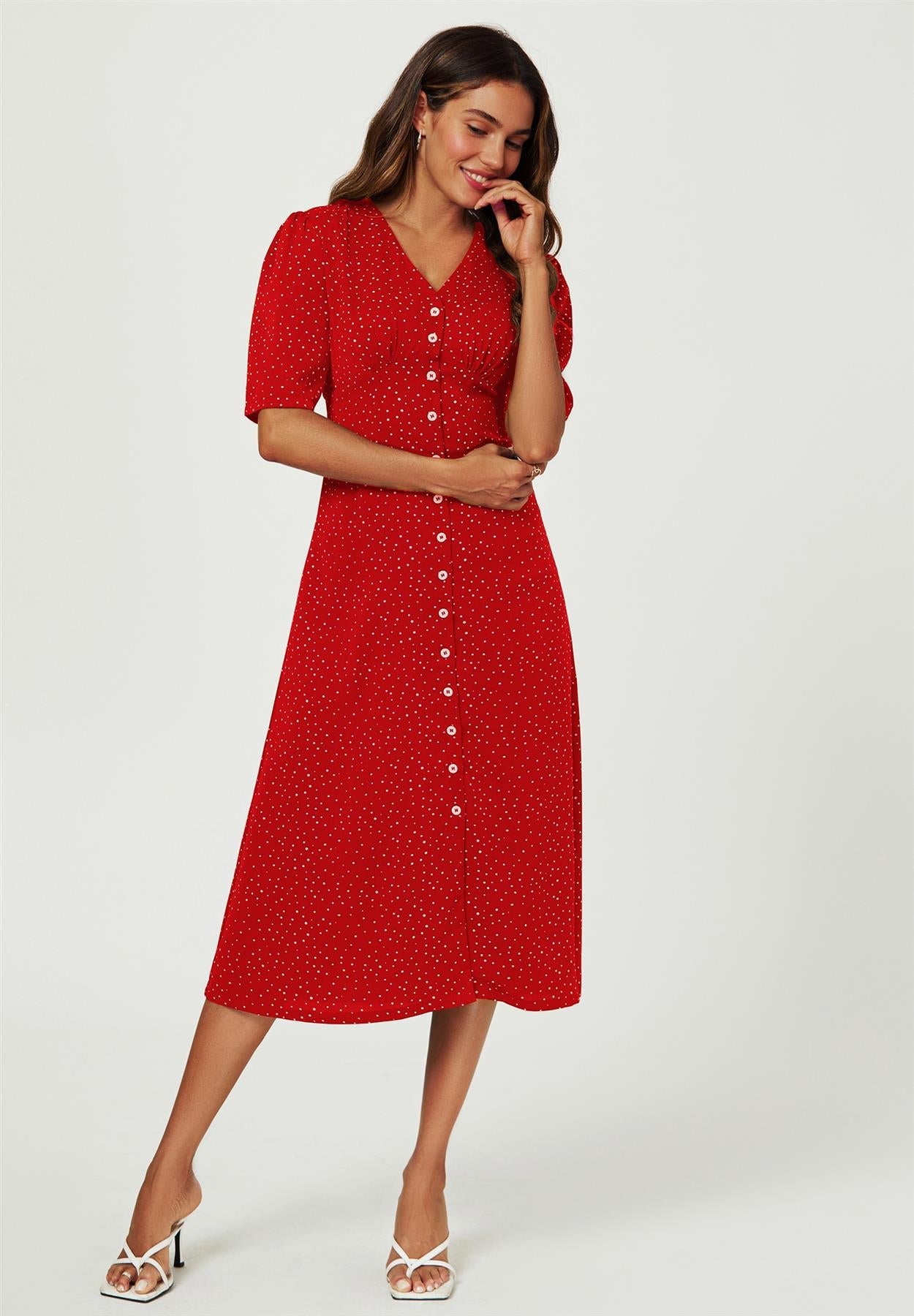 Dot Print Button Front Midi Dress In Red