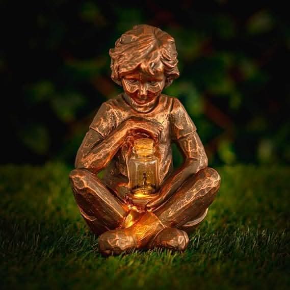 Boy with Light Up Firefly Jar Solar-Powered Garden Ornament