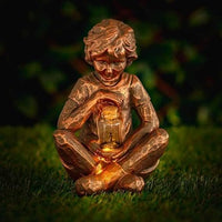 Boy with Light Up Firefly Jar Solar-Powered Garden Ornament