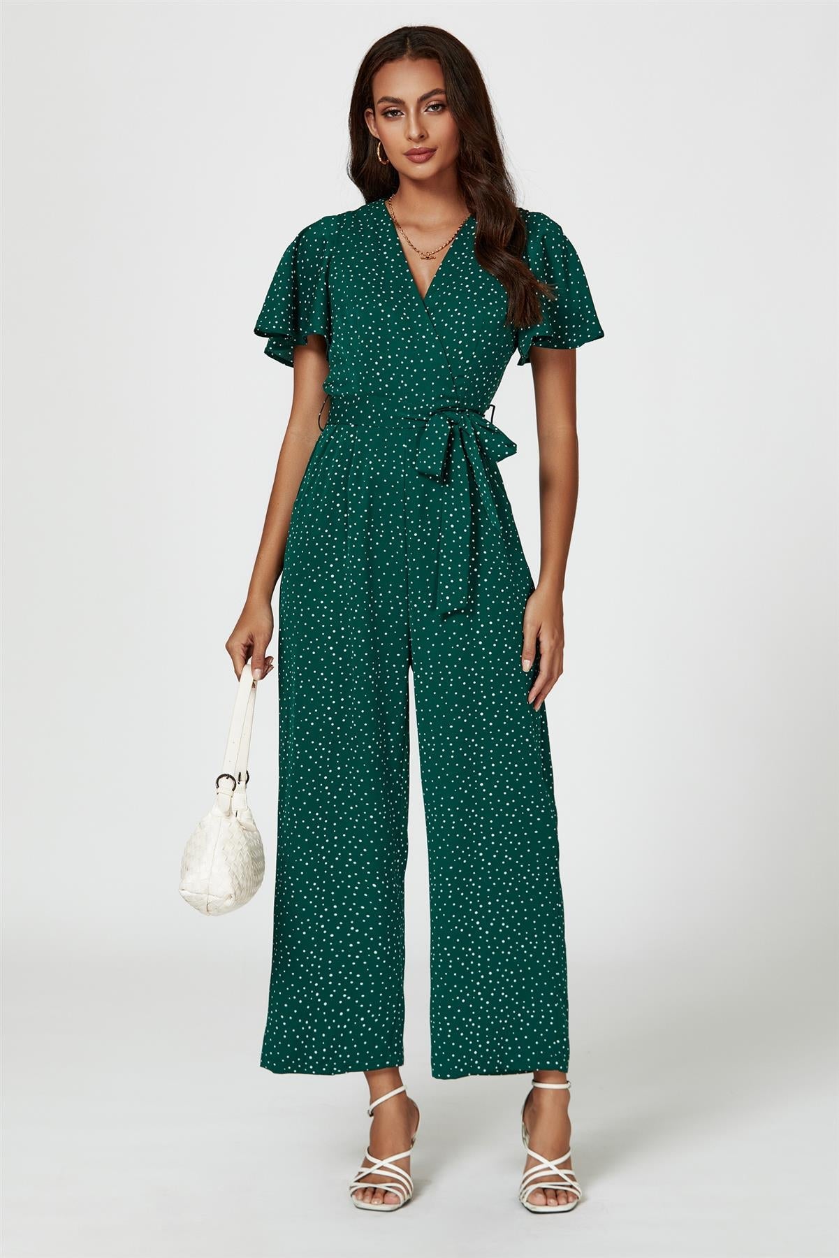 Dot Print Wrap Top Jumpsuit In Green