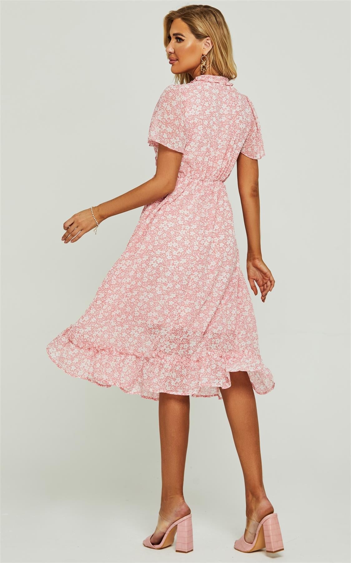 Angel Sleeve Frill Detail V Neck Midi Dress In Pink Flora Print