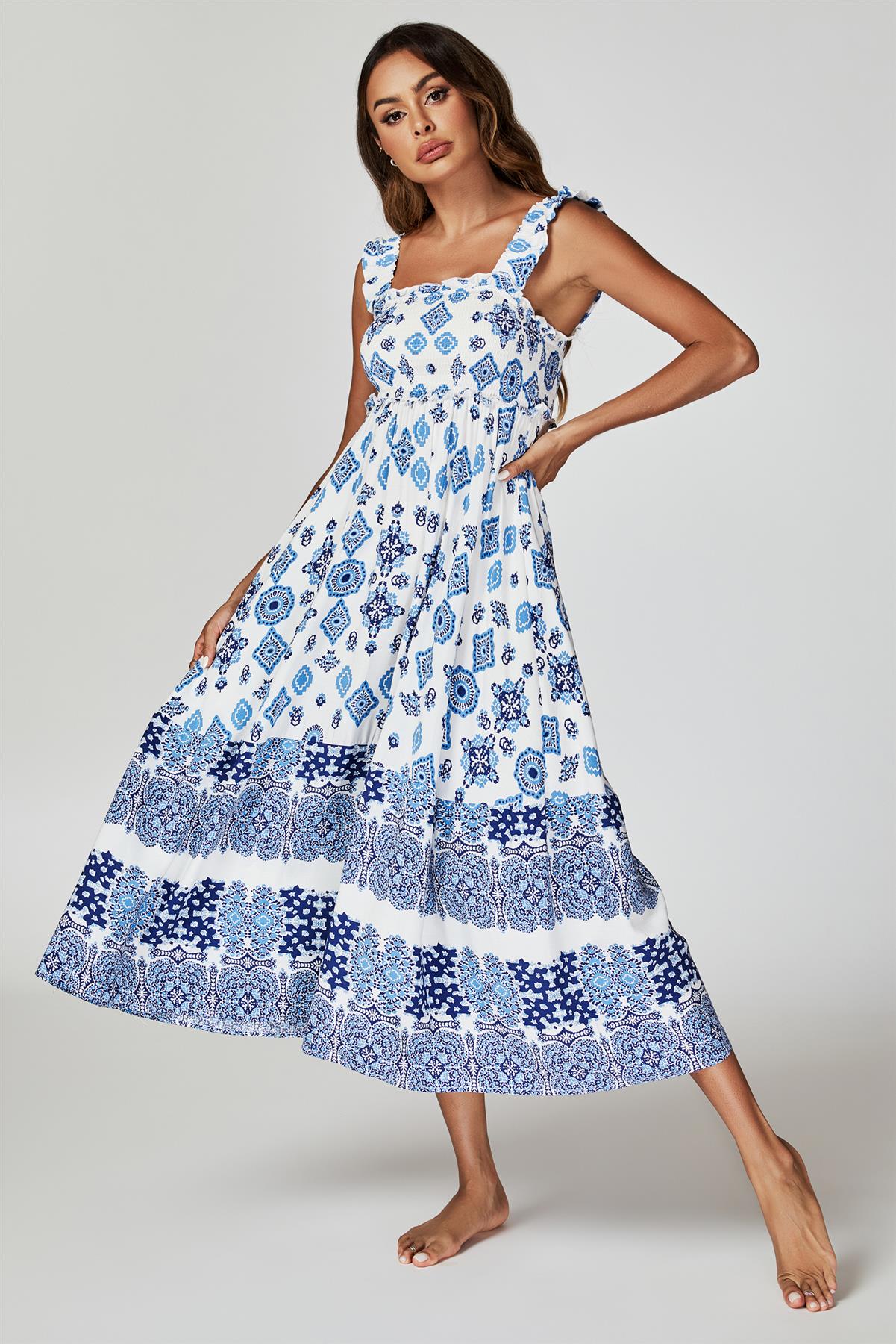 Blue Border Print Hem Detail Tiered Maxi Dress In White