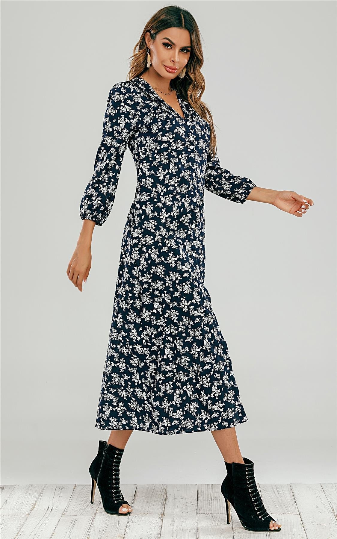Navy Floral Ditsy Empire Waist Midi Dress