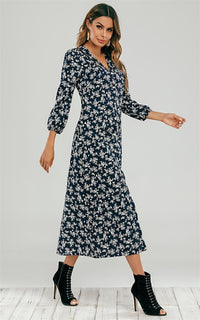 Navy Floral Ditsy Empire Waist Midi Dress