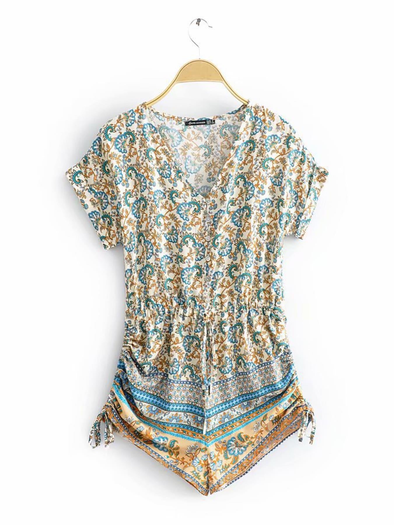 Playsuit With Drawstring Detail In Blue Mixed Print
