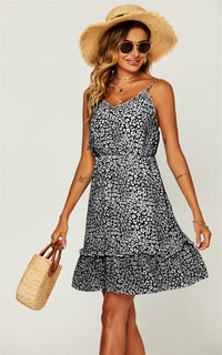 Leopard Print Hem Frill Detail Wrap Strappy Mini Dress In Black