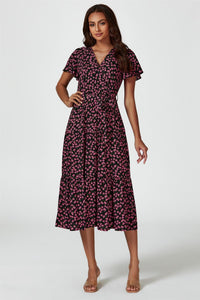 Pink Floral Print Wrap Midi Dress In Black