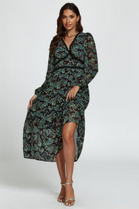 Floral Print Long Sleeve Midi Dress In Brown