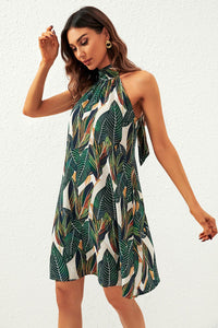 Leaf Print Halter Neck Tie Back Mini Dress In Green