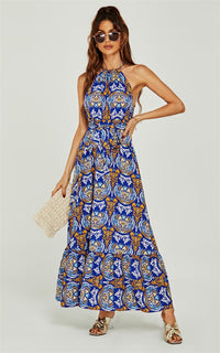 Rose Flora Print Halterneck Tiered Maxi Dress In Royal Blue