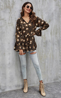 Gold Animal Print Smock Ruffle Top In Black