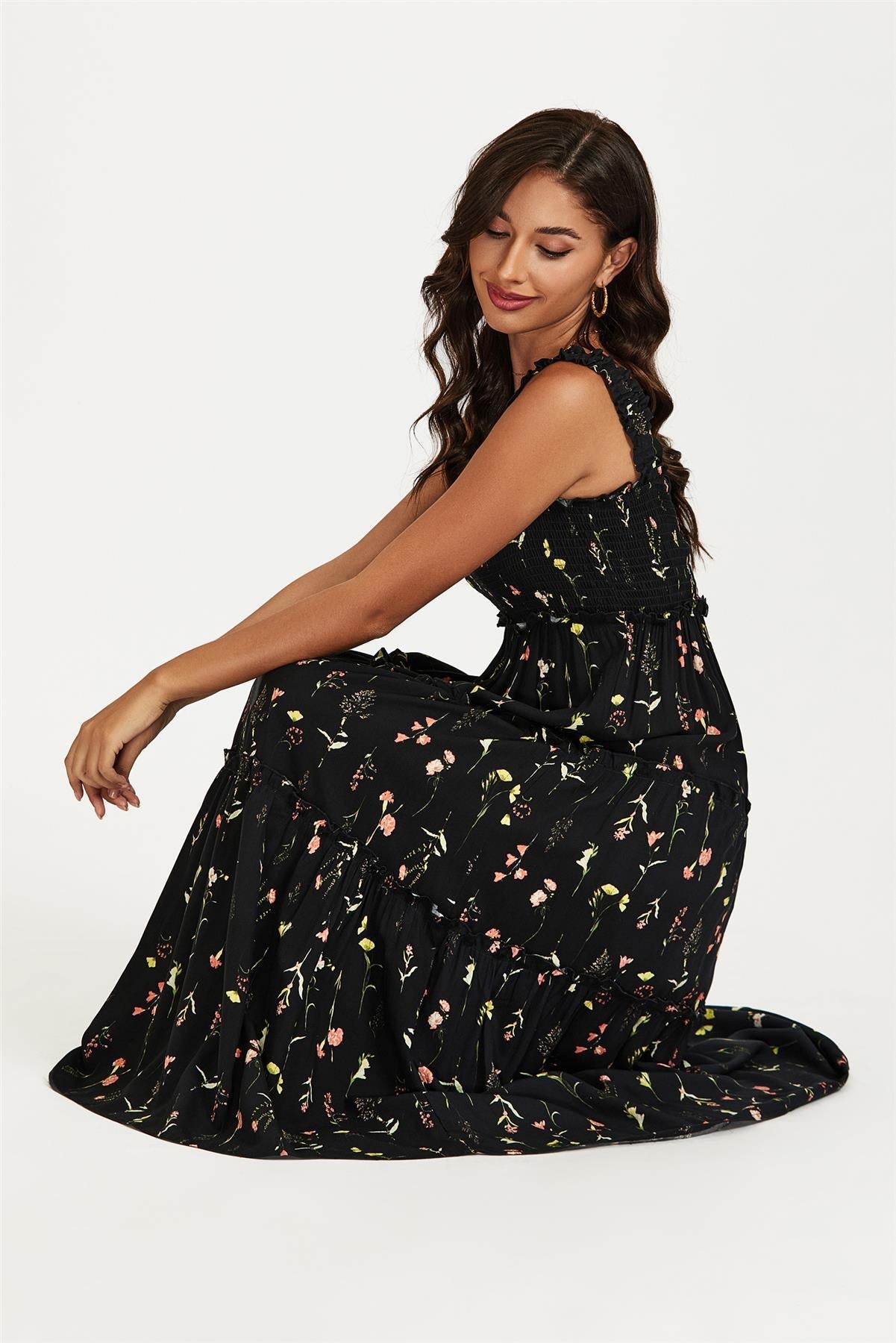 Floral Print Hem Detail Tiered Maxi Dress In Black