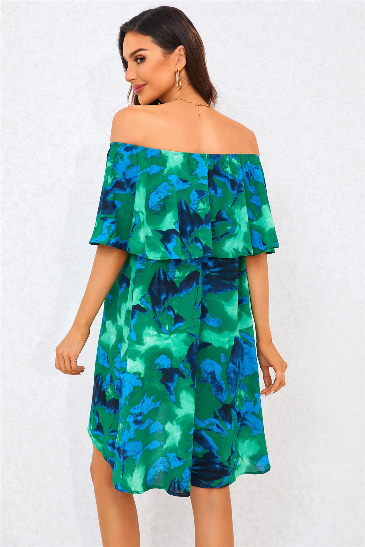 Abstract Floral Print Bardot Frill Off Shoulder Mini Dress In Green