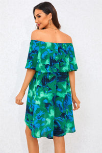 Abstract Floral Print Bardot Frill Off Shoulder Mini Dress In Green