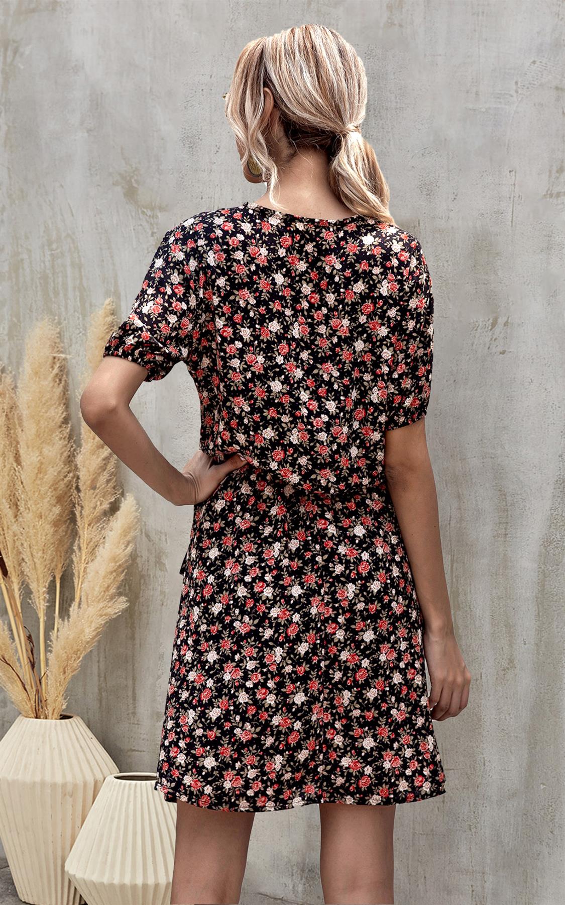 Red Floral Print Summer Dress In Black