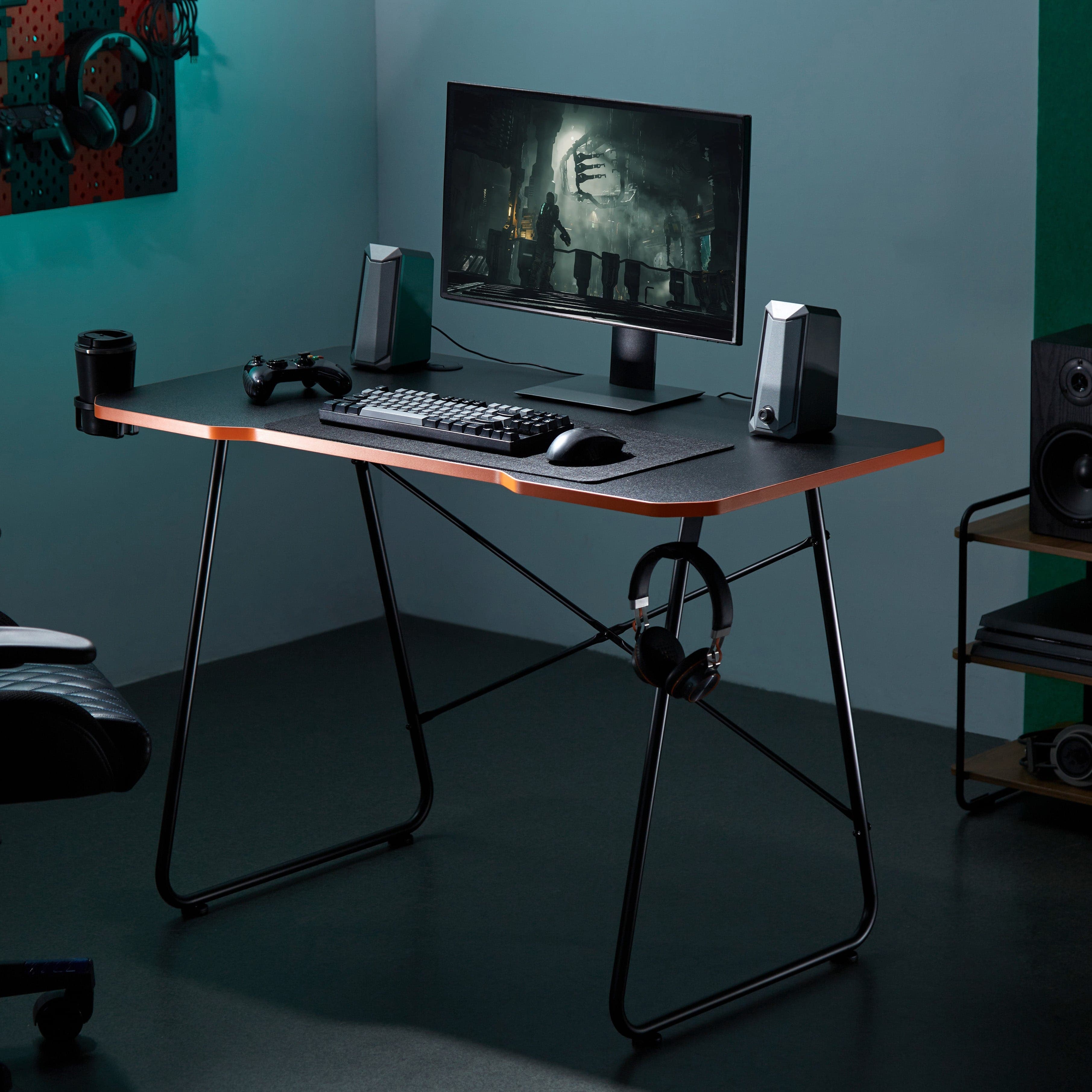 Maplin Gaming Desk with Headphone Hook & Cup Holder - Matte Black & Orange