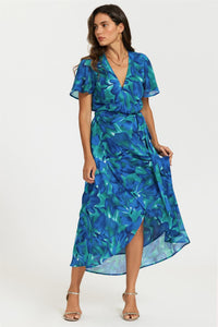 Abstract Floral Print Wrap Maxi Dress In Blue