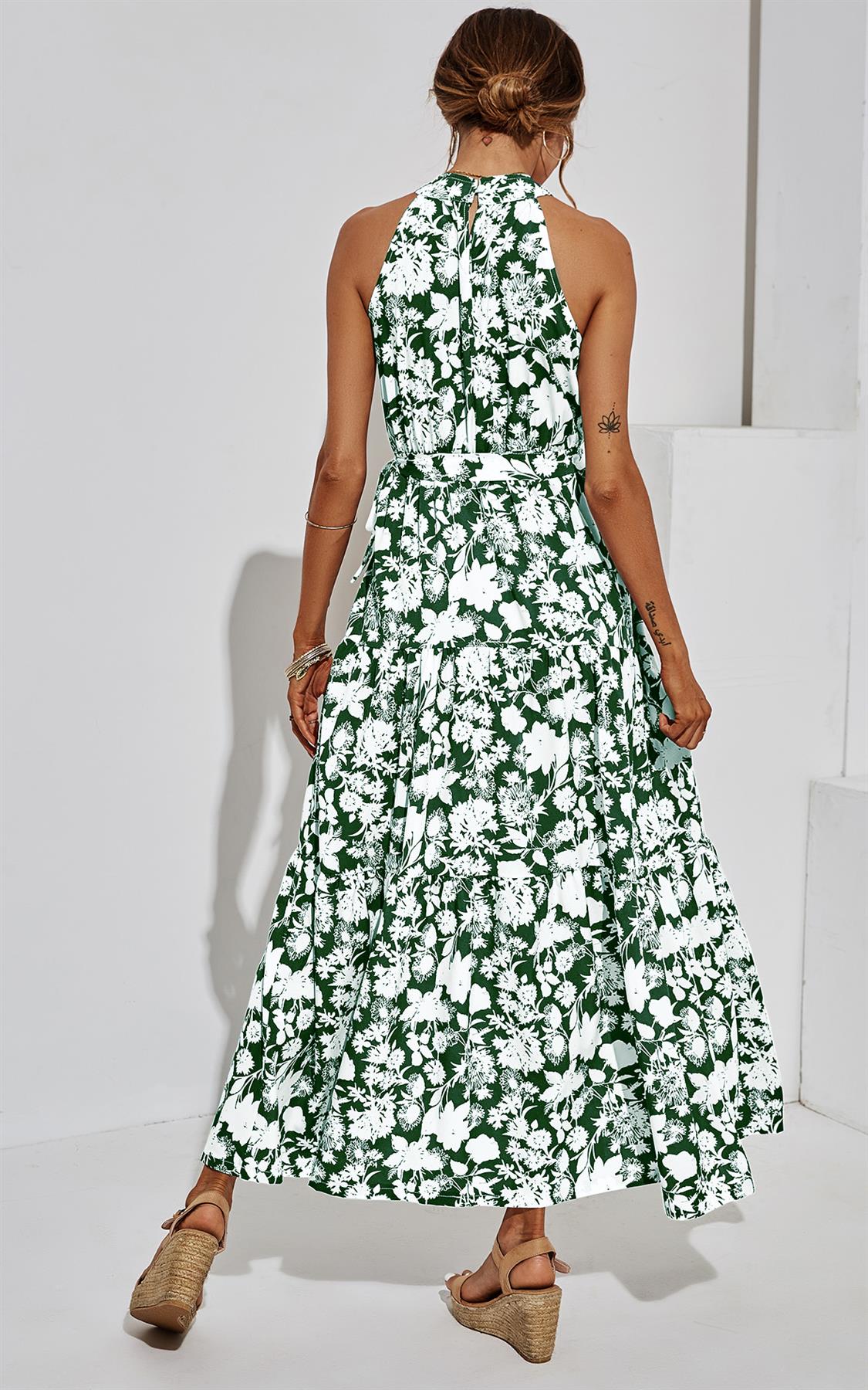 Halter Neck Midi Layer Dress In Green & White Flora Print