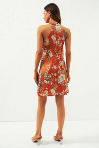 Satin Floral Print Halter Neck Mini Dress In Orange