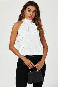 Silver Foil Halter Neck Tie Back Top In White
