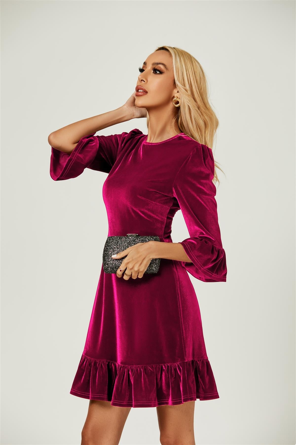 Velvet Frill Detail Mini Dress In Violet