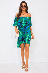 Abstract Floral Print Bardot Frill Off Shoulder Mini Dress In Green