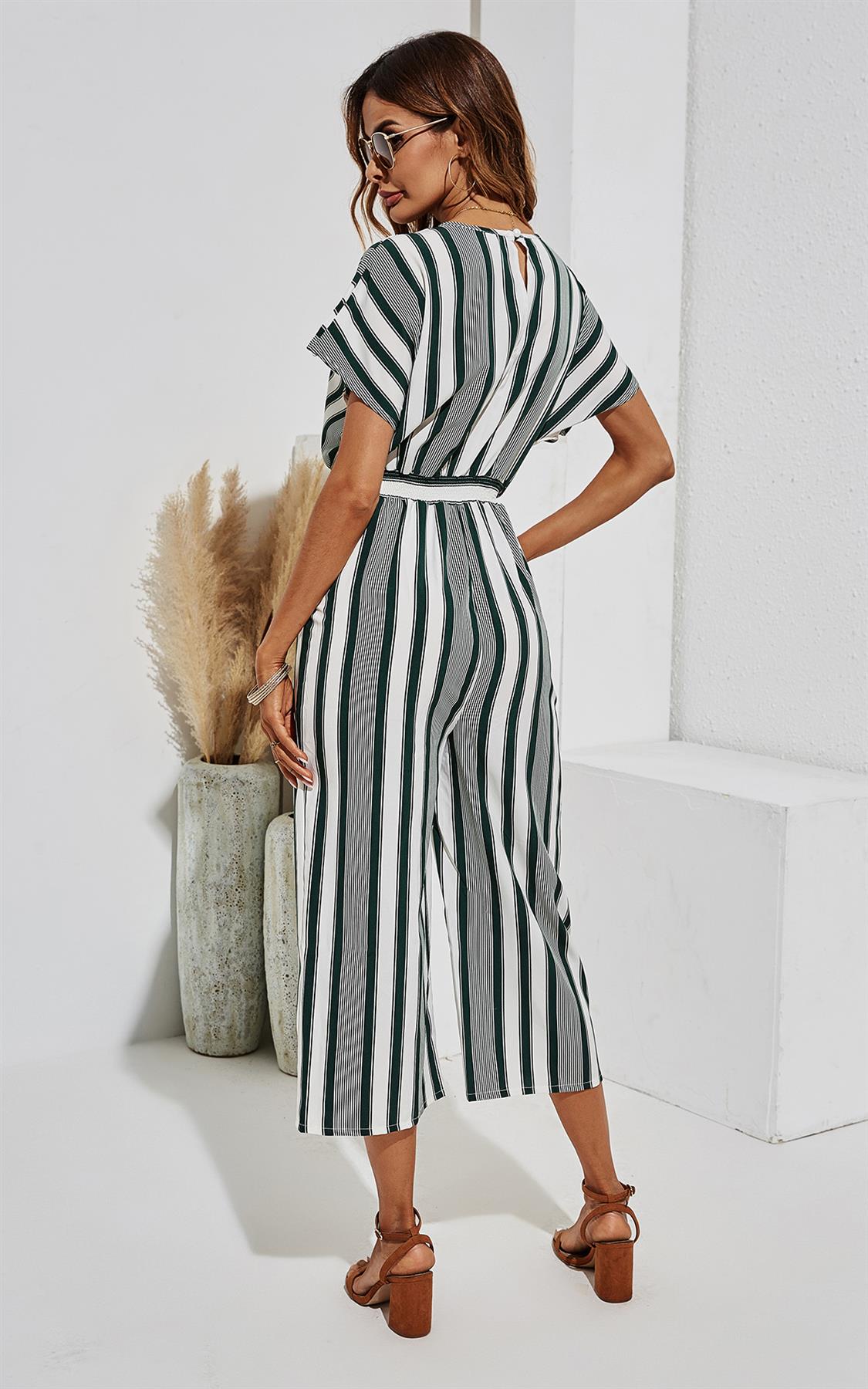 Kimono Sleeve White Stripe Jumpsuit In Dark Green