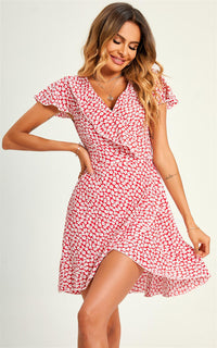 Little Floral Print Hem Mini Wrap Dress In Red