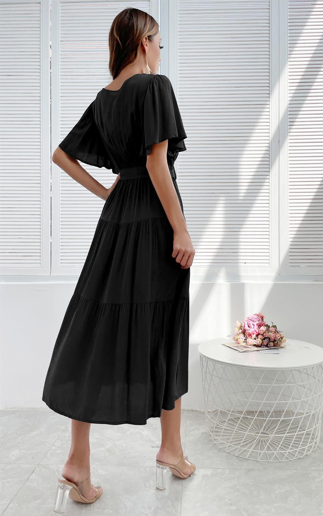 Flutter Sleeve Midi Wrap Dress In Black