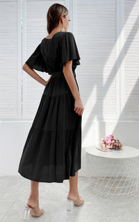Flutter Sleeve Midi Wrap Dress In Black