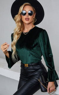Elegant Velvet Top With Frill Detail Cuff In Dark Green