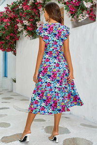 Multi Colour Floral Print Wrap Dress In Navy