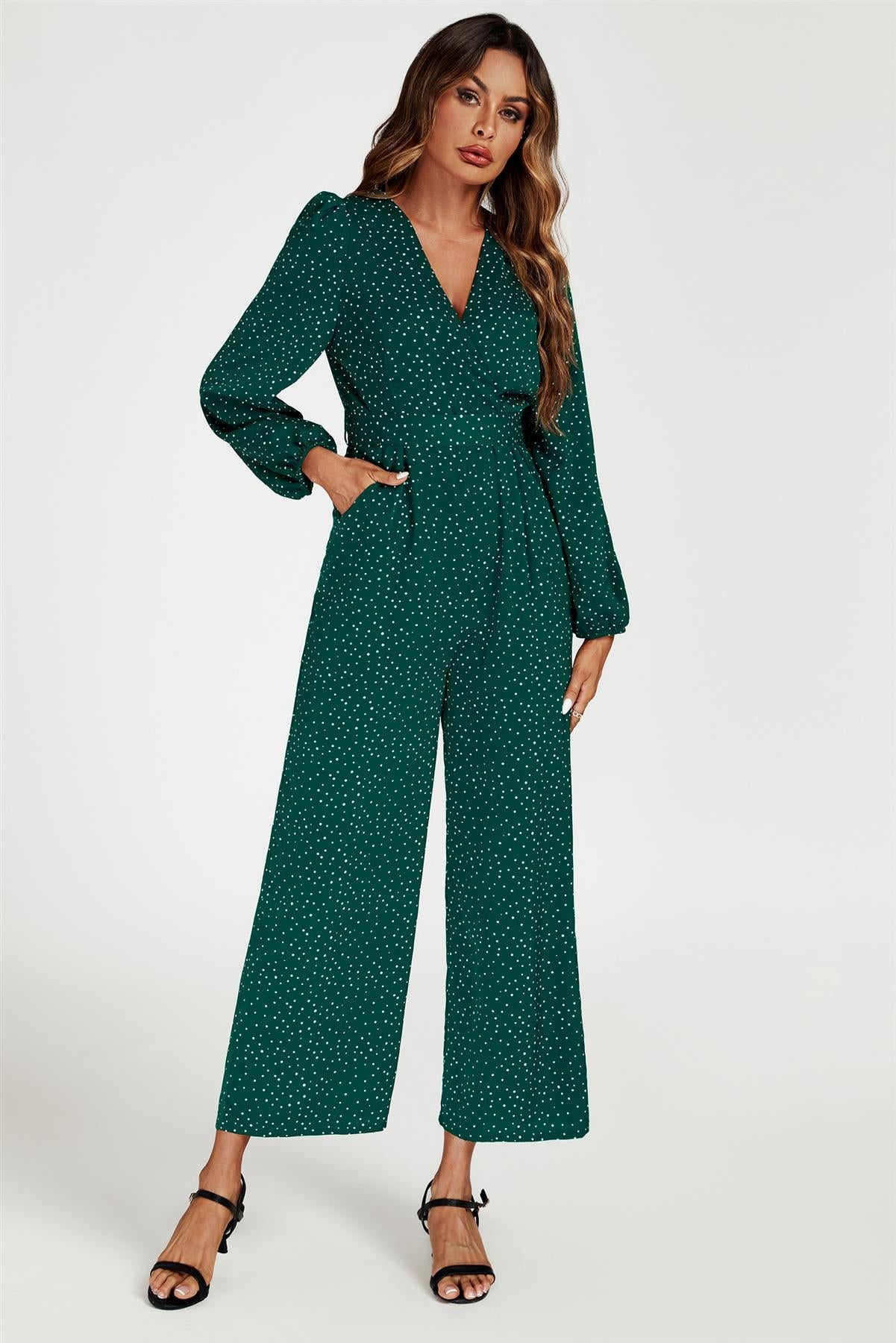 Dot Print Wrap Jumpsuit In Green
