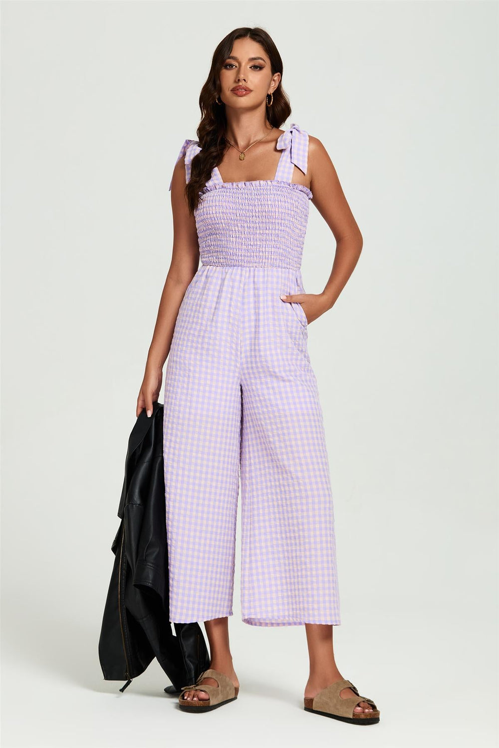Check Print Tie Detail Jumpsuit In Purple & Pink