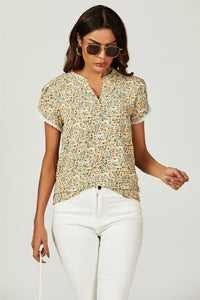 Floral Print Lace Trim Short Sleeve Blouse Top In Green Yellow
