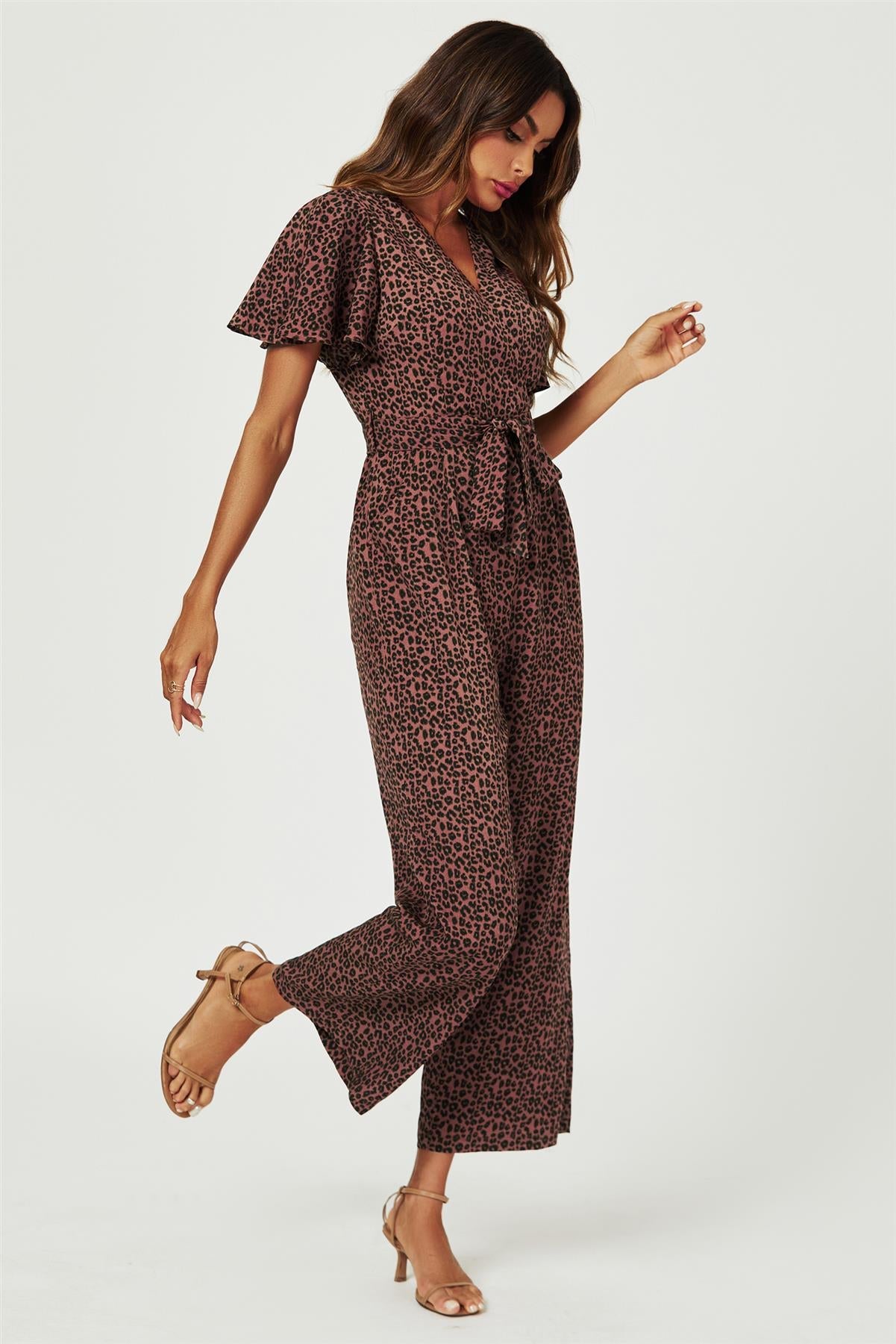 Leopard Print Wrap Top Jumpsuit In Rusty