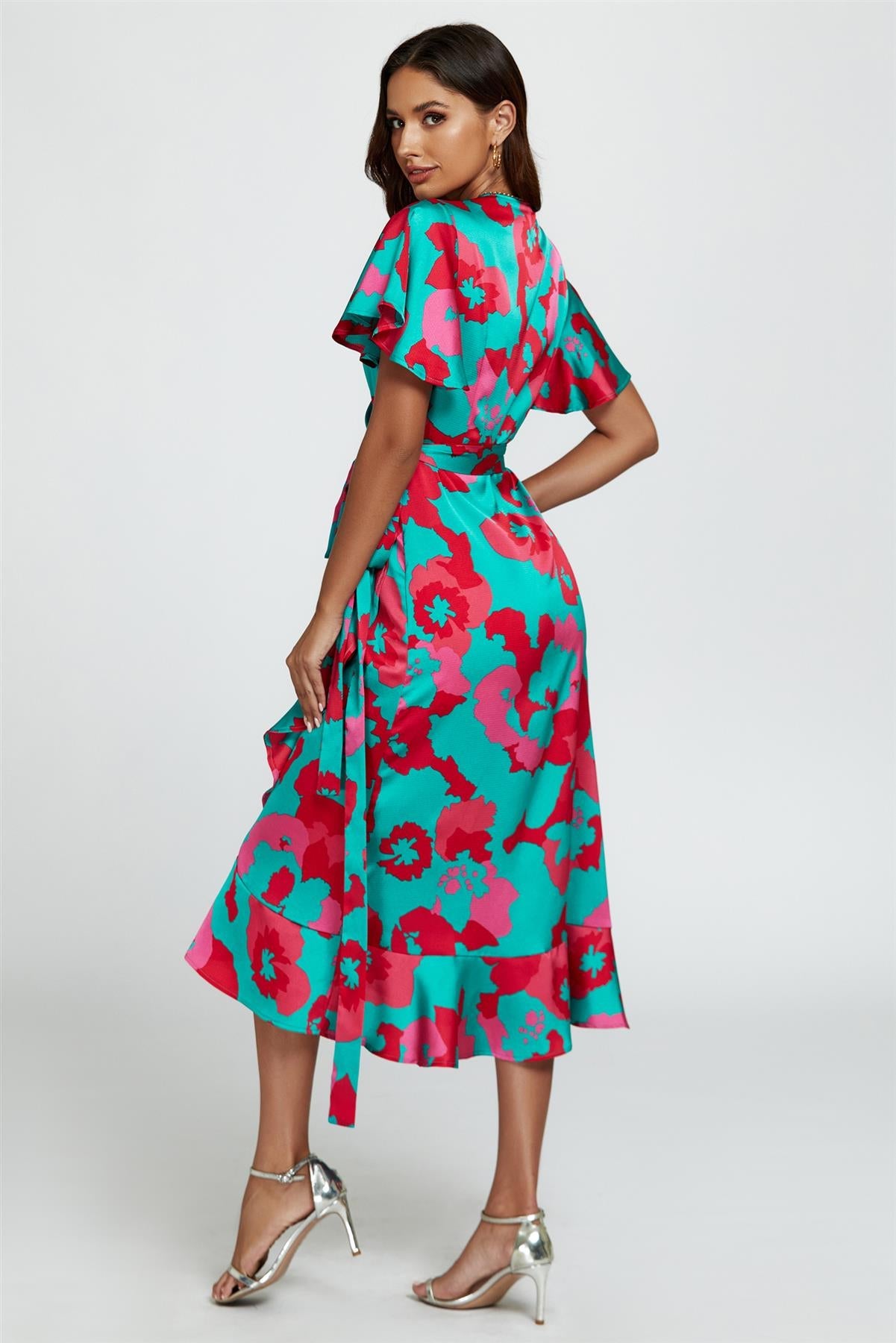 Leopard Print Angel Sleeve Wrap Midi Blue Pink