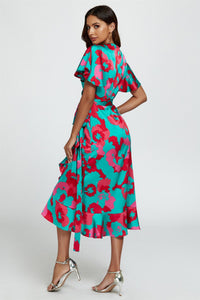 Leopard Print Angel Sleeve Wrap Midi Blue Pink