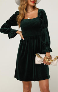 Velvet Square Neck Puff Sleeve Mini Dress In Forest Green