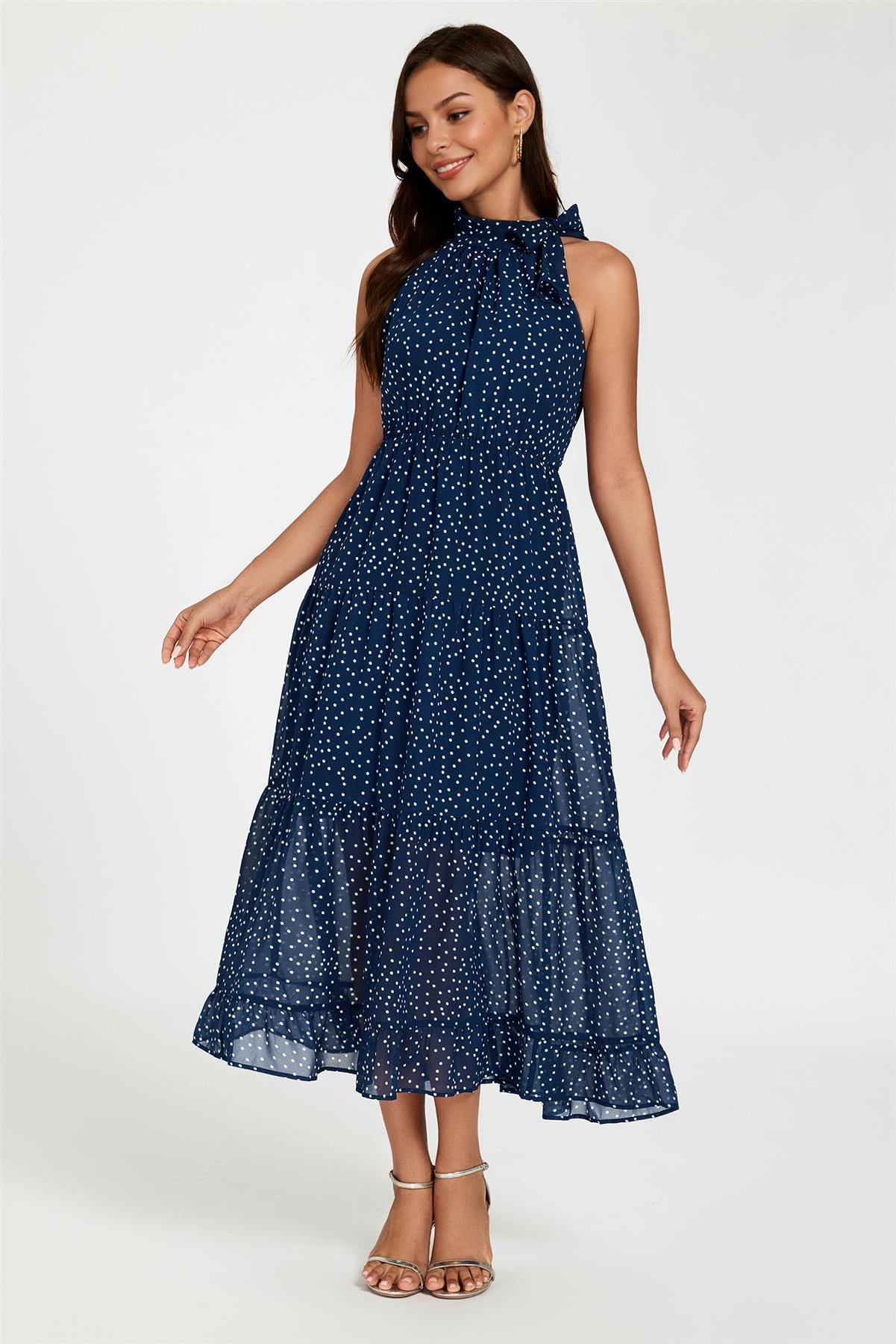 Dot Print Halter Neck Maxi Dress In Navy