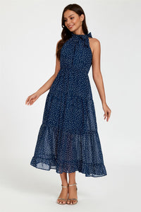 Dot Print Halter Neck Maxi Dress In Navy
