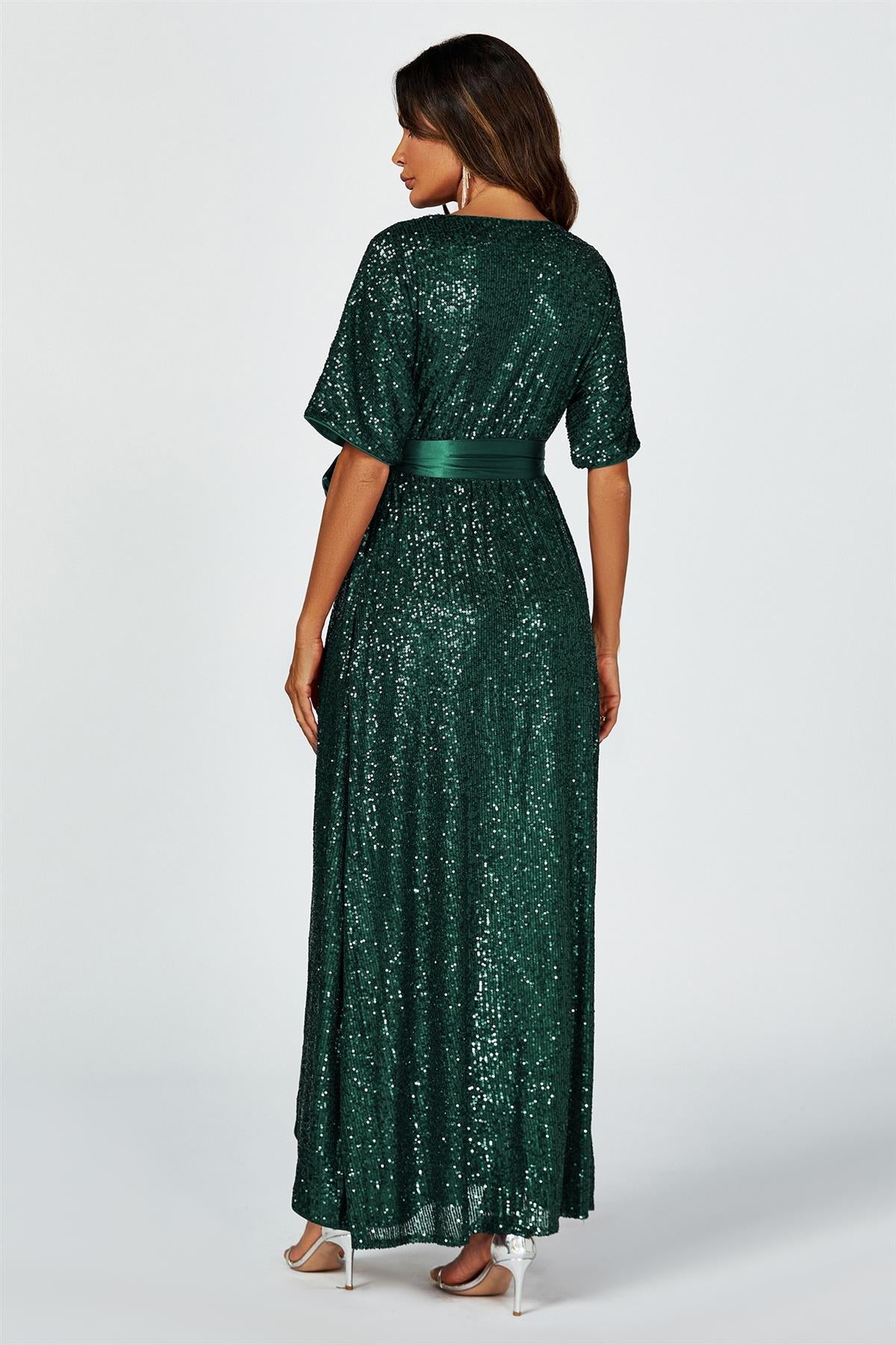 Wrap Style Sequin Maxi Dress In Green