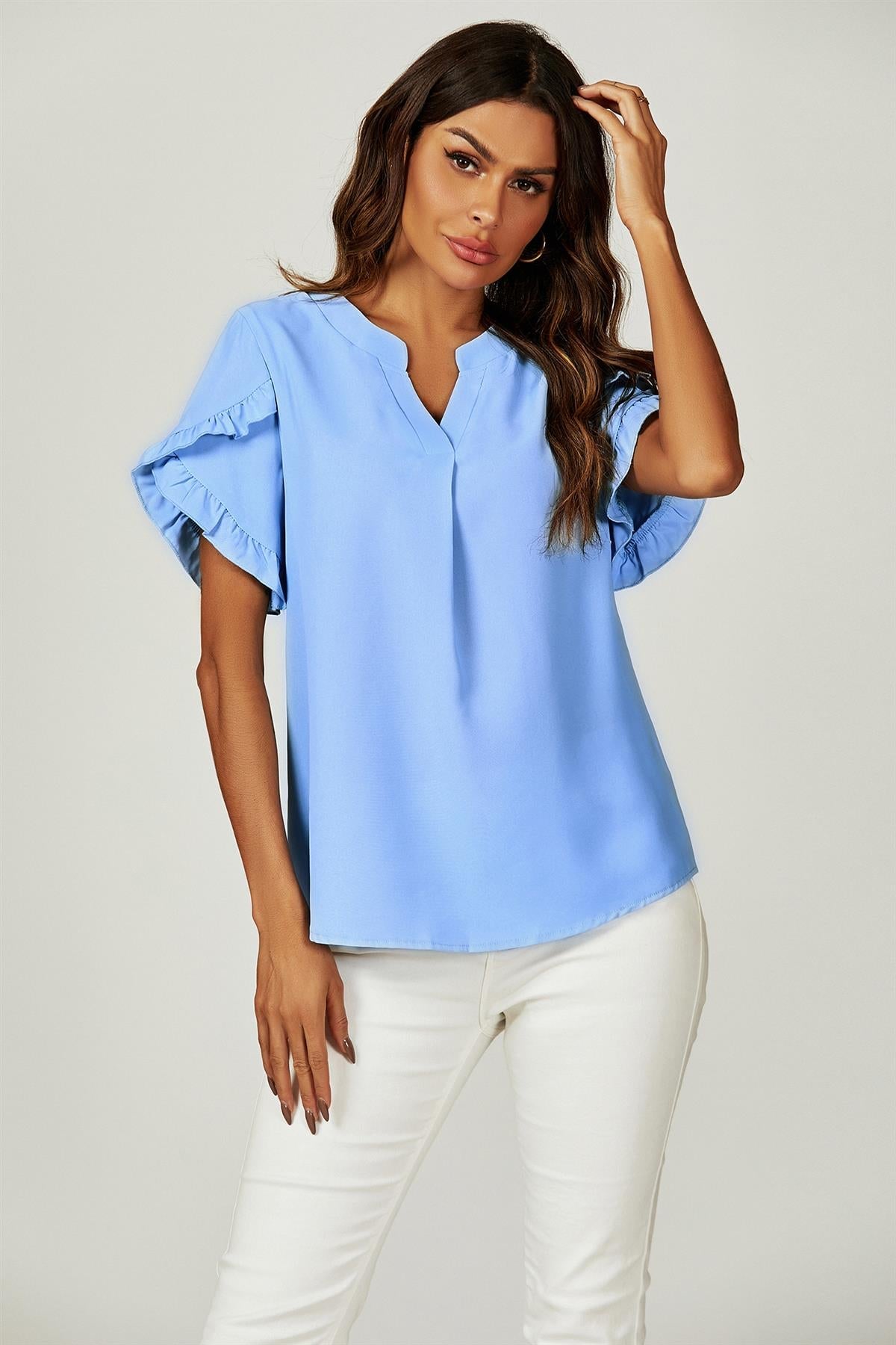 Frill Trim Detail Short Sleeve Blouse Top In Light Blue