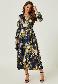 Feminine Floral Print Long Sleeve Wrap Midi Dress In Navy